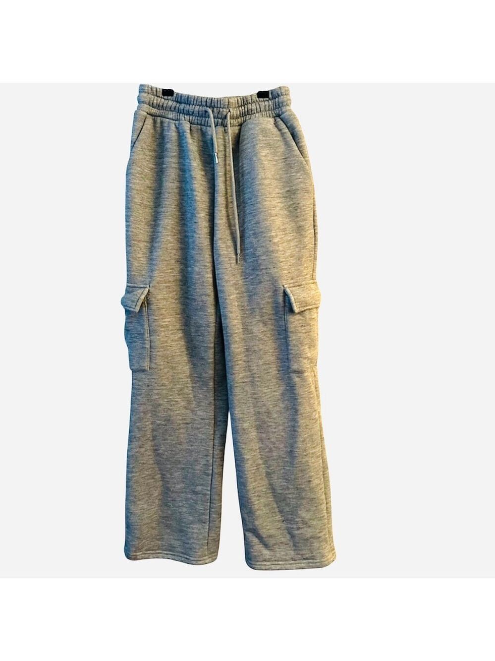 GREY CARGO TRACK PANTS ELASTICATED WAIST W/ DRAW STRING FLEECE WOMENS SZ SMALL